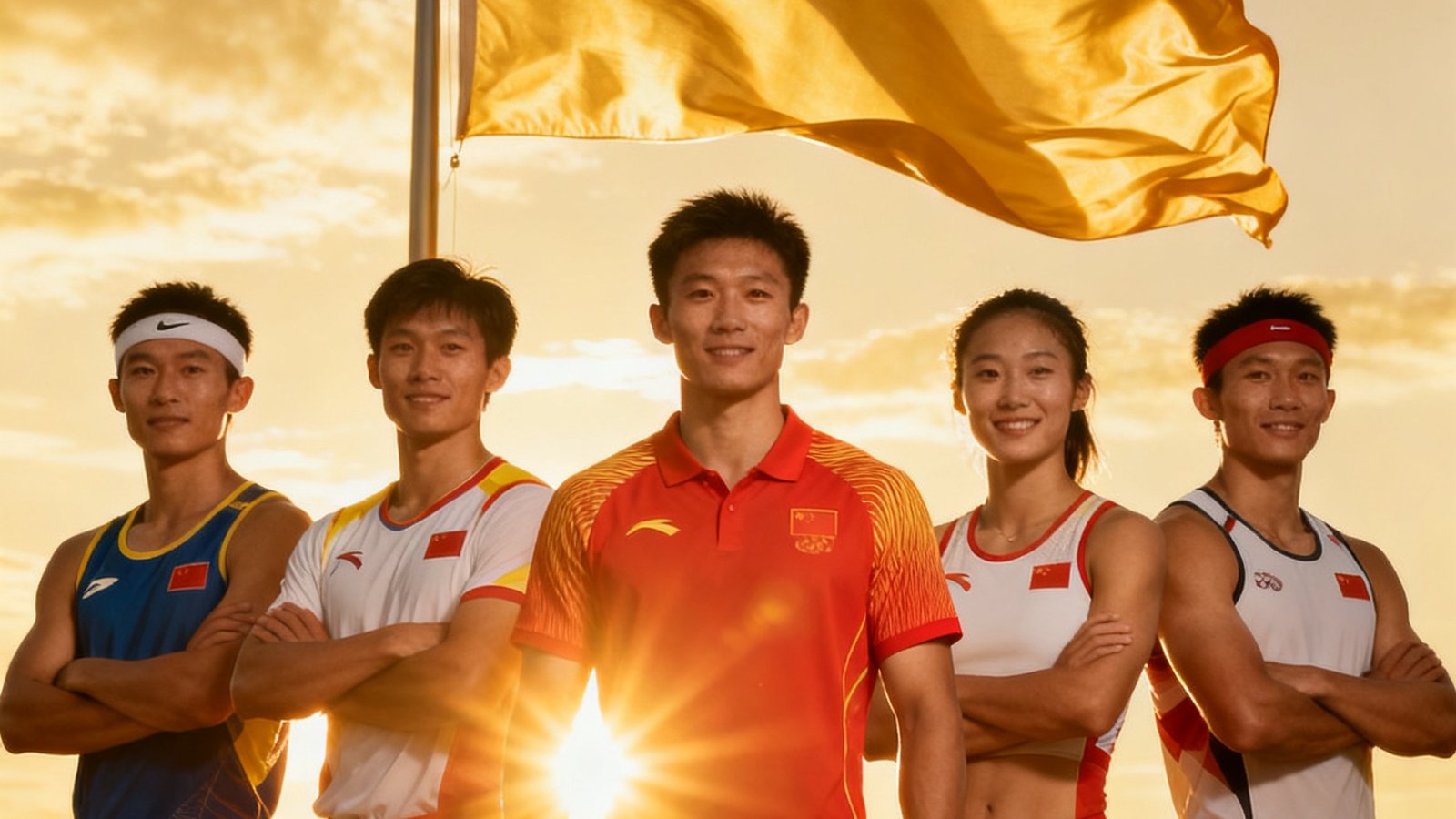 彩神签约的五位不同项目的运动员在各自赛事获奖后穿着队服站成一排，身后是金色阳光和飘扬的国旗，展现体育荣耀