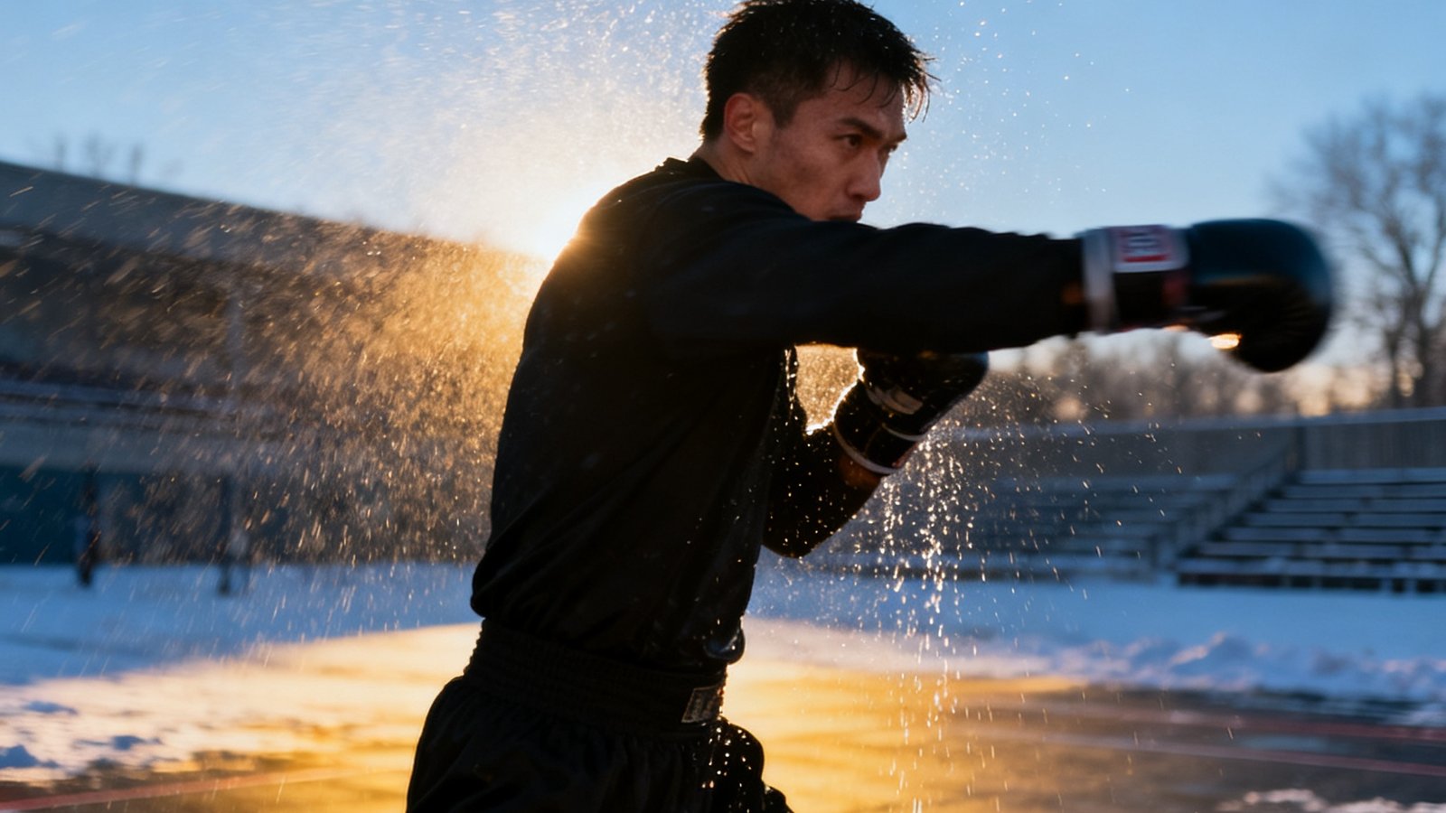 一位身穿黑色训练服的拳击手在冬日晨光中奋力挥拳，汗水在空中飞溅，背景是空无一人的室外训练场，画面充满力量感与电影质感